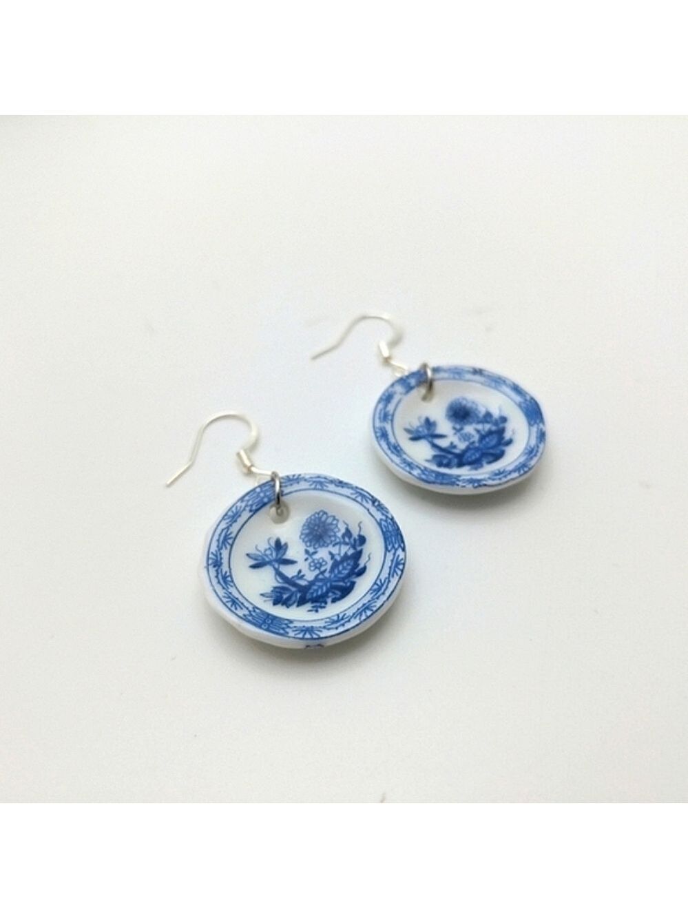 Blue White Floral Delft Ceramic Plate Earrings - Picture 3 of 7